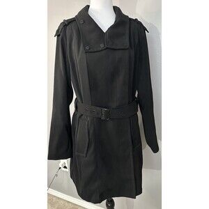 Jones New York Women’s M Black Double Breasted Trench Coat Lined Belted Jacket